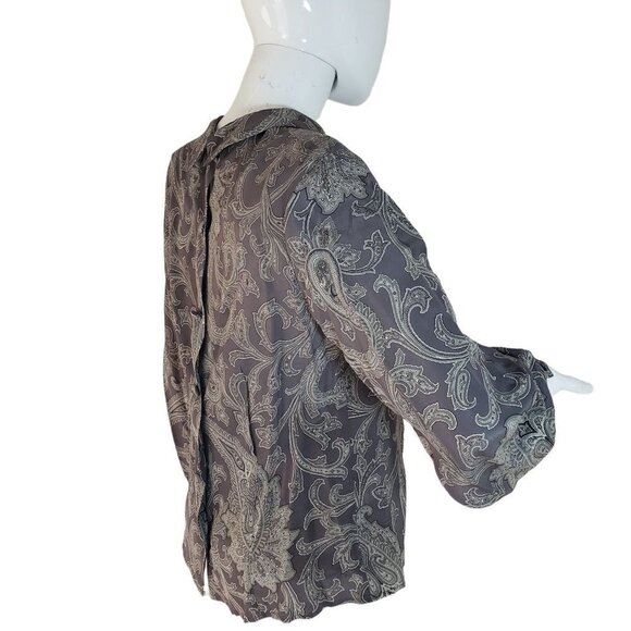 1980s Gray Silk Blouse Jones NY Petite Top Paisley Cover Button Collared Women 6 - Picture 4 of 10